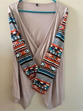 Source Unknown Beige Open-Front Cardigan with Multicolor Aztec Sleeves